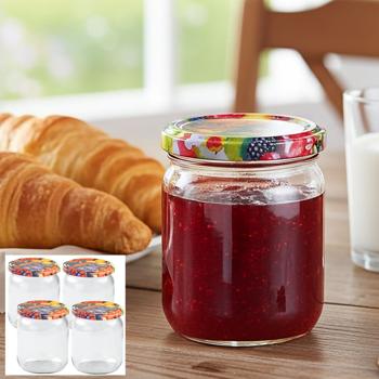 Lot de 4 Bocaux en Verre 540ml - Couvercle à Visser Motif Fruits Classique - Conservation Hermétique Aliments Épices Confitures