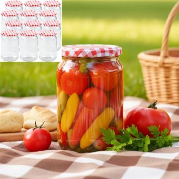 set di 12 vasetti per conserve - 720 ml con coperchio a vite (motivo a scacchiera) - Pratici vasetti da muratore ideali per conservare la marmellata e come vasetti di stoccaggio