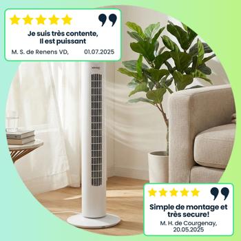 Preview: Ventilateur tour efficace : 3 vitesses et oscillation à 90 degrés – ventilateur sur pied peu encombrant avec mode oscillant pour bureau, salon et chambre à coucher