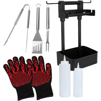 Set da barbecue premium: posate in acciaio inox, gancio, vassoio, guanto da barbecue e bottiglie da spremere per risultati perfetti al barbecue