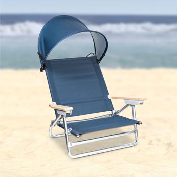 Preview: Deluxe beach chair with sun protection, adjustable backrest & wooden armrests, for relaxing hours on the beach