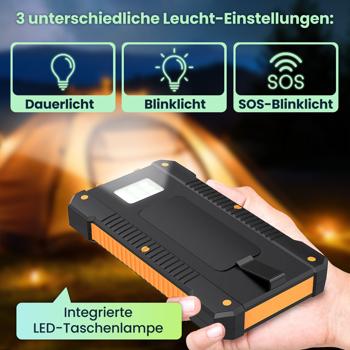 Preview: Batterie externe solaire - Chargeur portable 8000 mAh IP65 robuste avec lampe LED - 2x USB-A pour smartphones et tablettes