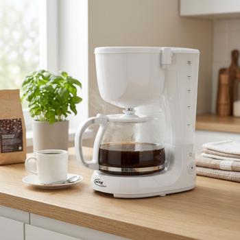 Caffettiera a filtro classica con funzione di mantenimento in caldo, bianca, 1,25 litri, 750 W, per un massimo di 12 tazze di caffè, filtro girevole, sistema antigoccia