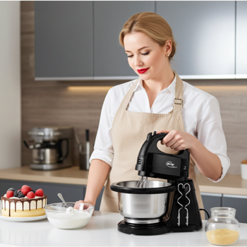 Preview: Turbo-Handrührgerät mit 2L Edelstahl-Rührschüssel: 300 Watt, Kraftvolles Rühren & Kneten, für Backen & Kochen, leistungsstark & vielseitig