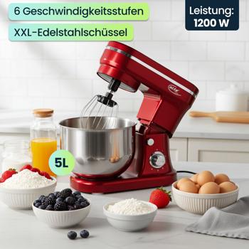 Preview: Design Küchenmaschine, edles Rot-Silber, 5 l Edelstahl-Schüssel, 1200 W - Hochwertig, modern & leistungsstark, für Backen, Kochen & mehr