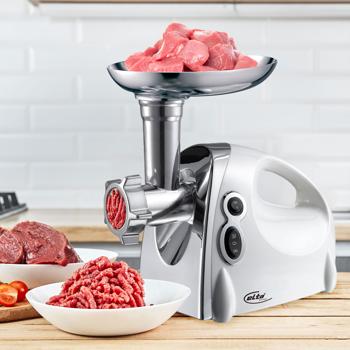Preview: Tritacarne elettrico professionale, 1200 W, bianco-argento, acciaio inox e alluminio, 3 dischi forati, insaccatrice, qualità premium