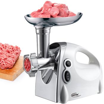 Tritacarne elettrico professionale, 1200 W, bianco-argento, acciaio inox e alluminio, 3 dischi forati, insaccatrice, qualità premium