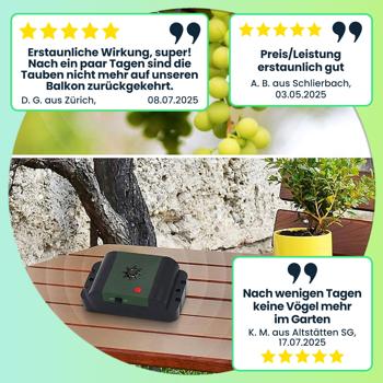 Preview: Mobiler Ultraschall Tauben- und Vogelvertreiber, 40m² - Effektive Abwehr, kabellos & wetterfest, für Garten, Balkon & Terrasse, tierfreundlich & sicher Preview: Mobiler Ultraschall Tauben- und Vogelvertreiber, 40m² - Effektive Abwehr, kabellos & wetterfest, für Garten, Balkon & Terrasse, tierfreundlich & sicher