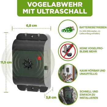 Preview: Mobiler Ultraschall Tauben- und Vogelvertreiber, 40m² - Effektive Abwehr, kabellos & wetterfest, für Garten, Balkon & Terrasse, tierfreundlich & sicher Preview: Mobiler Ultraschall Tauben- und Vogelvertreiber, 40m² - Effektive Abwehr, kabellos & wetterfest, für Garten, Balkon & Terrasse, tierfreundlich & sicher