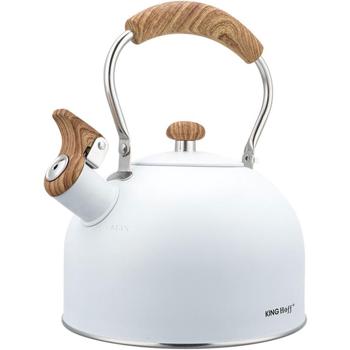 Elegant kettle (2.5L, white): Stainless steel, wood-look handle - for all types of stoves - Classic modern design, top quality