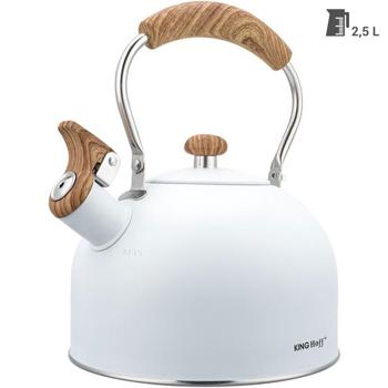 Preview: Eleganter Wasserkessel (2,5L, weiss): Edelstahl, Holzoptik-Griff - für alle Herdarten - Klassisch-modernes Design, Top Qualität