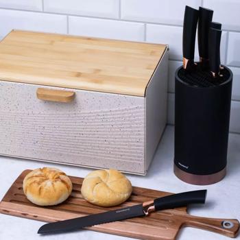 Preview: Design-Messerset mit antihaftbeschichteten Klingen, 5-tlg., mit Messerblock, schwarz-roségold. Präzise Schnitte, edles Farbdesign für stilvolle Küchen