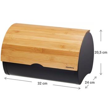 Preview: Boîte à pain moderne - Acier laqué noir mat - Couvercle bambou coulissant pour fraîcheur durable & rangement stylé - 32x24x20,5 cm