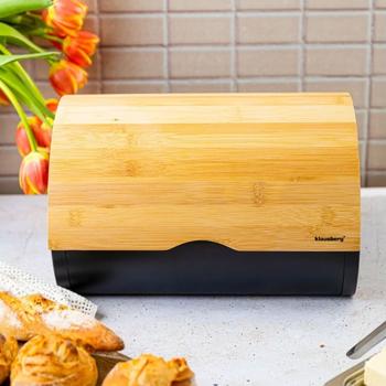 Preview: Boîte à pain moderne - Acier laqué noir mat - Couvercle bambou coulissant pour fraîcheur durable & rangement stylé - 32x24x20,5 cm