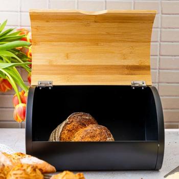 Preview: Boîte à pain moderne - Acier laqué noir mat - Couvercle bambou coulissant pour fraîcheur durable & rangement stylé - 32x24x20,5 cm