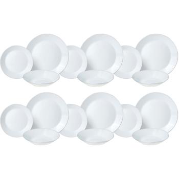 Preview: Edles 18-tlg. Geschirr-Set (Opal-weiss, Silberrand) - aus Glas - 6x Speise-, Suppen-, Dessertteller - Zeitlos, hochwertig, stilvoll