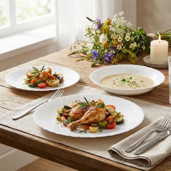 Preview: Edles 18-teiliges Geschirr-Set aus Glas, weiss, wellenförmiger Rand: Hochwertig, stilvoll und zeitlos