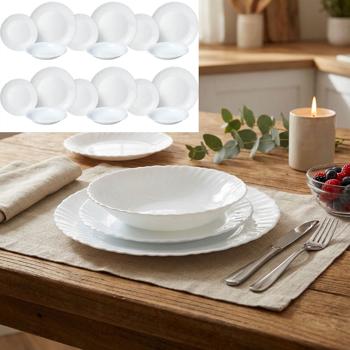 Edles 18-teiliges Geschirr-Set aus Glas, weiss, wellenförmiger Rand: Hochwertig, stilvoll und zeitlos