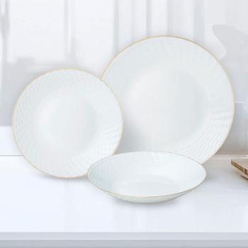 Preview: Edles 18-teiliges Geschirr-Set aus Glas opal-weiss mit Goldrand - für 6 Personen - spülmaschinen- & mikrowellengeeignet - hochwertig & zeitlos