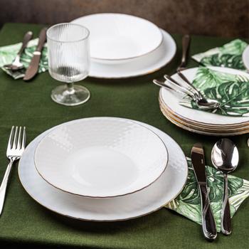 Preview: Elegant 18-piece opal-white glass dinnerware set with gold rim - for 6 people - dishwasher- & microwave-safe - high-quality & timeless