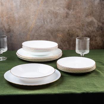Preview: Elegant 18-piece opal-white glass dinnerware set with gold rim - for 6 people - dishwasher- & microwave-safe - high-quality & timeless