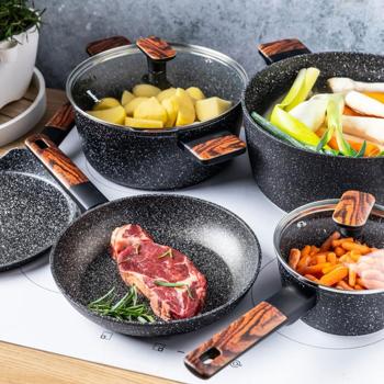 Preview: Set de cuisine design 12 pièces - Revêtement marbré anti-adhésif, tous feux, poignées Soft Touch - Couvercle en verre, lavable lave-vaisselle