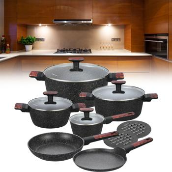 Hochwertiges Design Topf- und Pfannen-Set m. marmorierter Antihaftbeschichtung, inkl. Untersetzer, Glasdeckel, Soft Touch Griffe, 12-teilig, schwarz