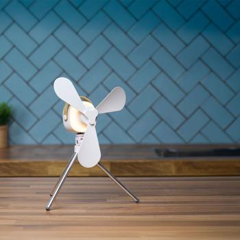 Preview: Akku Tischventilator mit LED-Beleuchtung, weiss: Kompakt, leise & tragbar – Ideal für Schreibtisch, Camping
