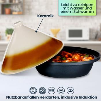 Preview: Traditionelle Tagine (Tajine) mit Deckel aus Keramik, 2,5 l, Ø 30 cm: Für schonendes Schmoren & aromatische Gerichte, marokkanische Küche