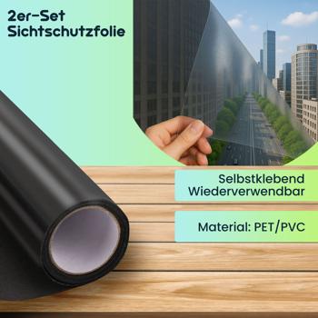 Preview: 2er-Set Sichtschutzfolie grau-matt, 60 x 200 cm - selbstklebende Fensterfolie mit UV-Schutz - hitzereduzierend & ideal für Fenster, Büro & Wohnräume