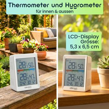 Preview: Thermometer und Hygrometer für innen & aussen, inklusive Funk-Aussensensor mit 60m Reichweite - Präzise Messungen für bestes Raumklima