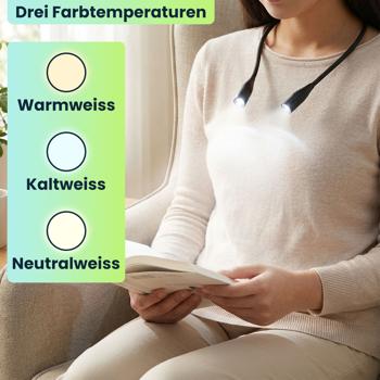 Preview: LED-Leseleuchte zum Umhängen – Dimmbare Akku-Leselampe mit 3 Farbtemperaturen, flexiblen Schwanenhälsen & 6 Stunden Leuchtdauer