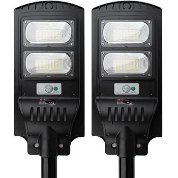 Preview: set of 2 LED solar street lights with light sensor & remote control, 100 watts, IP65, weatherproof outdoor lighting for driveway, yard & garden