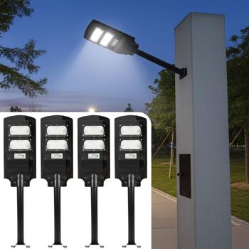 set of 4 LED solar street lights with light sensor & remote control, 100 watts, IP65, weatherproof outdoor lighting for driveway, yard & garden