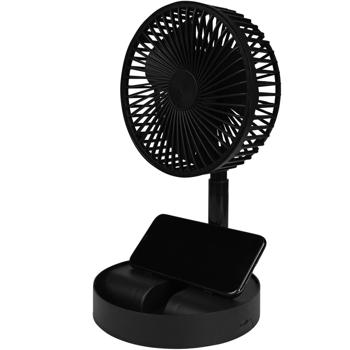 Preview: Mobiler Akku Tischventilator (Schwarz) klappbar mit Handyhalterung: Kabellos erfrischen & Smartphone im Blick, ideal für Büro, Zuhause & unterwegs