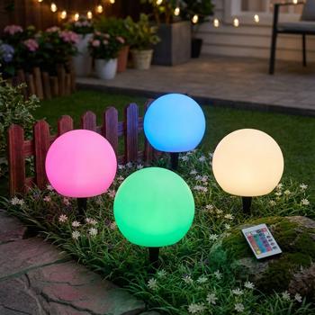 Set of 4 solar LED light globes, Ø 20 cm, RGBW with remote control, 60 lm, IP67. Colour-changing light globe for garden & patio, weatherproof & wireless