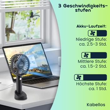 Preview: 2er-Set Flexibler 2in1 Hand- & Tischventilator (schwarz): Akku- & USB-Betrieb, 3 Stufen für optimale Kühlung, tragbar für Büro, Reise & Zuhause