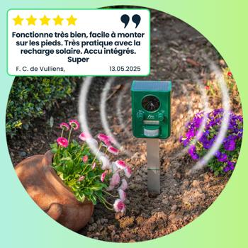 Preview: 2 Répulsifs Solaires Universels Ultrasons Flash Lumineux - Portée 10m-Détecteur Mouvement 110°-Anti-Chats Chiens Oiseaux Rongeurs-Recharge USB