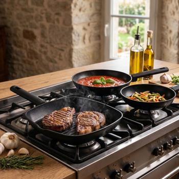 Preview: 3-teiliges Design Pfannenset (mattschwarz) - Bratpfannen 20+24cm, Grillpfanne 28cm - Geschmiedetes Alu, Titan, Soft-Touch - Hochwertig & Robust