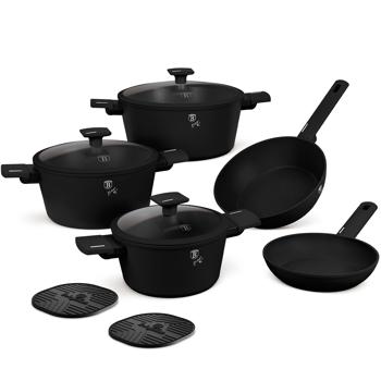 Preview: Set di cottura design incl. sottopentola, alluminio, 10 pezzi, rivestimento antiaderente al titanio, nero opaco, adatto a tutti i tipi di piano cottura