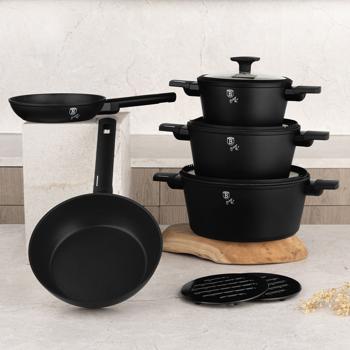 Preview: Set di cottura design incl. sottopentola, alluminio, 10 pezzi, rivestimento antiaderente al titanio, nero opaco, adatto a tutti i tipi di piano cottura