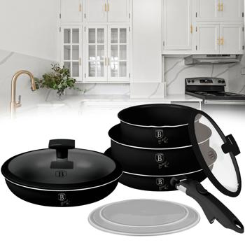 Hochwertiges Aluminium Pfannen-Set, 9-teilig, edles mattschwarz, Titanbeschichtung – Abnehmbarer Griff, Smart Lids & Glasdeckel, elegantes Design