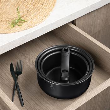 Preview: 5 pan cooking set with titanium coating, elegant matt black - Forged aluminum, smart lids & glass lid, durable & robust