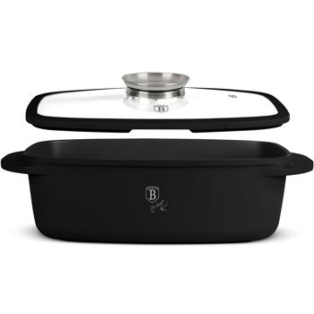 Preview: Hochwertiger Bräter mit Aromaknopf & Glasdeckel, oval 6 Liter schwarz - Für perfektes Schmoren & Braten - Robust & langlebig kochen