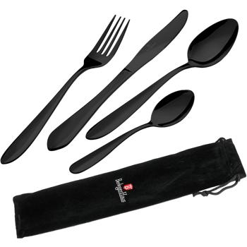 Preview: Compact 8-piece stainless steel cutlery set black in a bag: Perfect for outdoor, work & school, space-saving, durable & always with you on the go, your cutlery to go