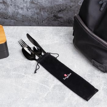 Preview: Compact 8-piece stainless steel cutlery set black in a bag: Perfect for outdoor, work & school, space-saving, durable & always with you on the go, your cutlery to go