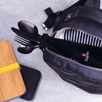 Preview: Compact 8-piece stainless steel cutlery set black in a bag: Perfect for outdoor, work & school, space-saving, durable & always with you on the go, your cutlery to go