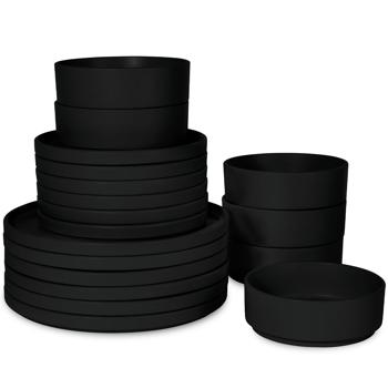Preview: 18-piece stoneware design dinnerware set, stackable, matt black: dinner plates, dessert plates, bowls, elegant & space-saving dinner service, modern and stylish