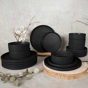 Preview: 18-piece stoneware design dinnerware set, stackable, matt black: dinner plates, dessert plates, bowls, elegant & space-saving dinner service, modern and stylish