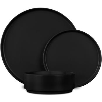 Preview: 18-piece stoneware design dinnerware set, stackable, matt black: dinner plates, dessert plates, bowls, elegant & space-saving dinner service, modern and stylish